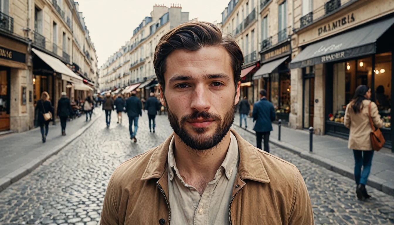 Ultrarealistic image of a 30-year-old French man, capturing fine details of his facial features. The man has a well-groomed beard, short dark hair, and expressive brown eyes. He is wearing a stylish, casual outfit that reflects modern Parisian fashion, with a neutral-toned shirt and a light jacket. The background is a softly blurred Parisian street, with cobblestone pavement and classic architecture, highlighting the man's sophisticated yet relaxed demeanor. Cinematic composition, high detail, photorealistic, 8K resolution.
