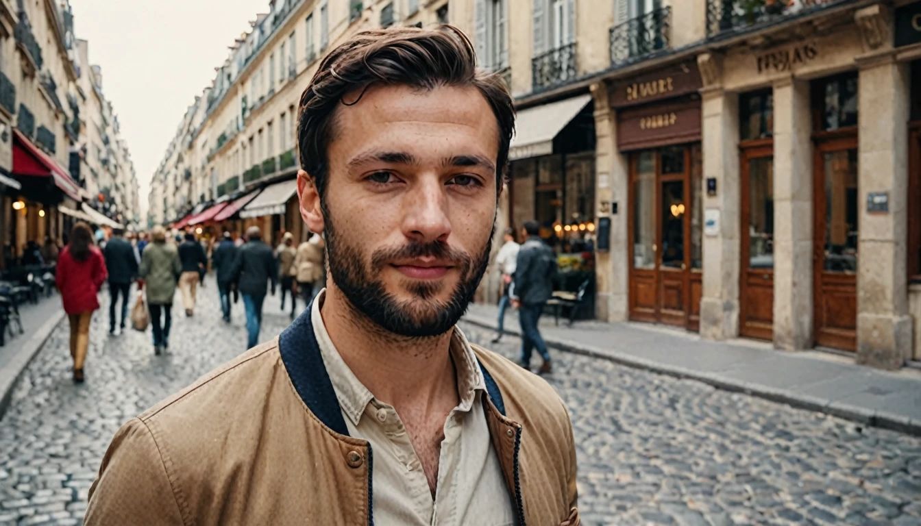 Ultrarealistic image of a 30-year-old French man, capturing fine details of his facial features. The man has a well-groomed beard, short dark hair, and expressive brown eyes. He is wearing a stylish, casual outfit that reflects modern Parisian fashion, with a neutral-toned shirt and a light jacket. The background is a softly blurred Parisian street, with cobblestone pavement and classic architecture, highlighting the man's sophisticated yet relaxed demeanor. Cinematic composition, high detail, photorealistic, 8K resolution.
