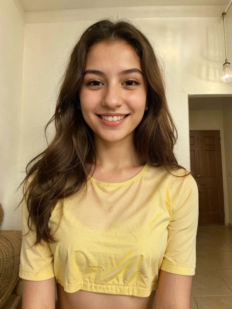 20YO, small nose, one women,attractive, Jordanian, Arab, Bright Yellow shirt, cute smile, cute face, white teethes, skinny face, light brown eyes, black/blonde long hair, modest, selfie