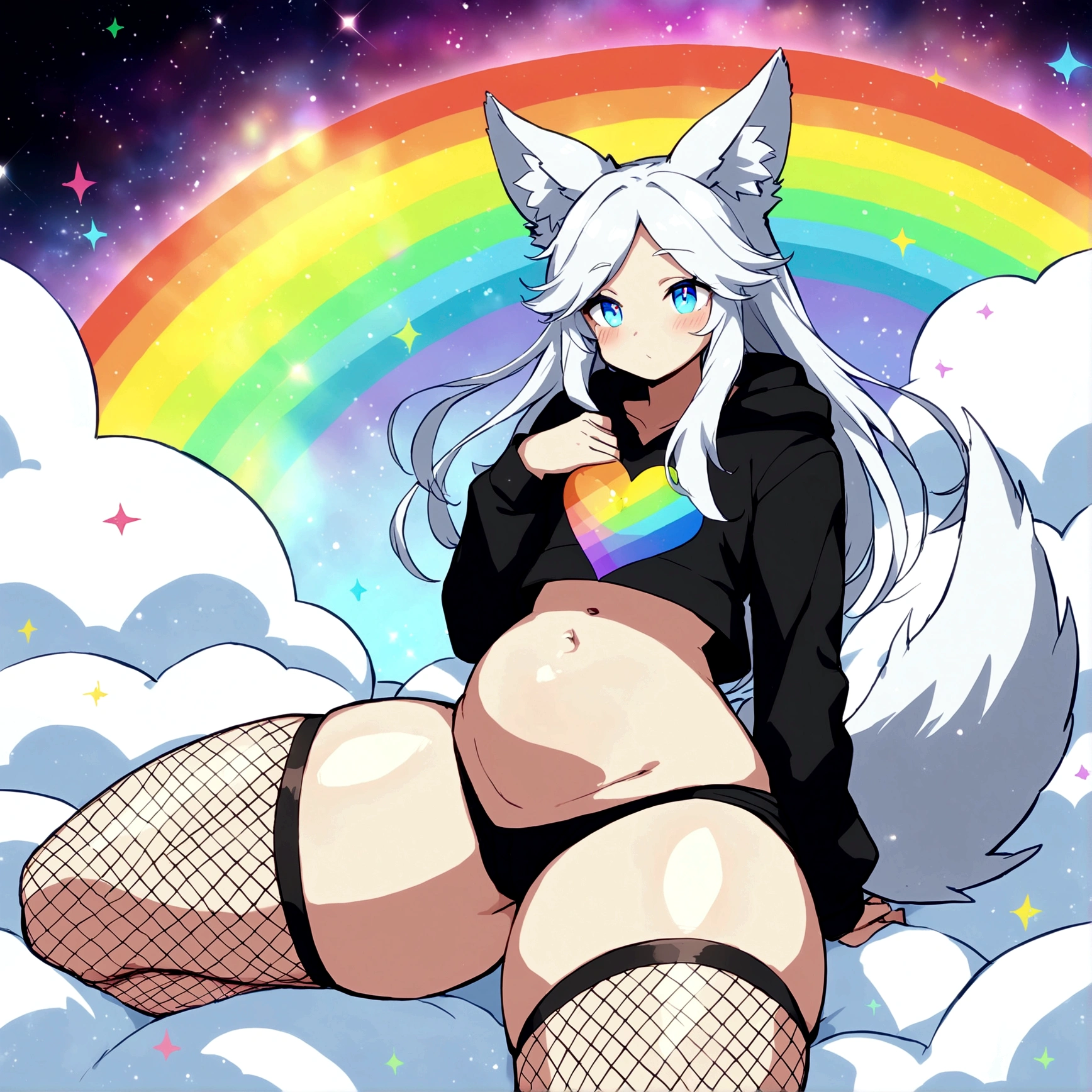 a cute adult male with wolf ears, long white hair, long locks, has a wolf tail, wearing a loose cropped black hoodie, wearing a pair of denim short shorts and fishnet stockings, thick thighs, wide hips, relaxing on mound of fluffy multi colored kawaii plushies, short, very slim, showing slender tummy, heart on hoodie, squishy thighs, has glowing blue eyes. alone, solo (ALONE)(SOLO), surrounded by rainbows, colorful galaxy backround