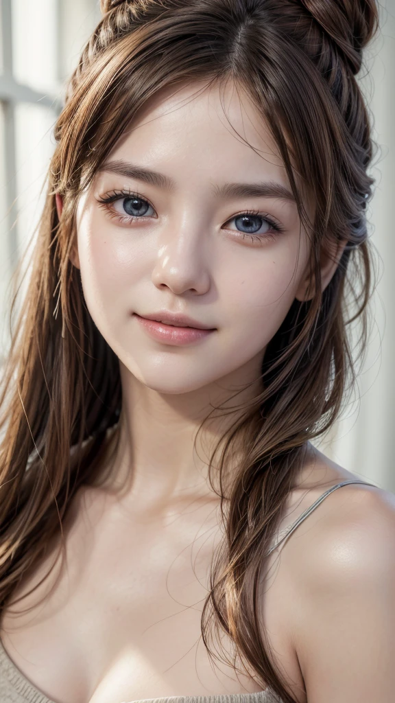 (Masterpiece artwork:1.3), (8K, Photorealistic, RAW photograph, Superior image quality: 1.4), High school girls in Japan、(random hairstyles:1.2)、chest neckline:1.2、super detailed face、Eye of detail、double eyelid、Bring your chest together、sharp focus:1.2、beautfull woman:1.4、Light brown bun hair、maximum quality、Masterpiece artwork、Super high resolution、(Photorealistic:1.4)、Highly detailed and professional lighting smile、Loose and light knits、Shoulder out、苗条、serious facial expression、shorth hair、Fatal position