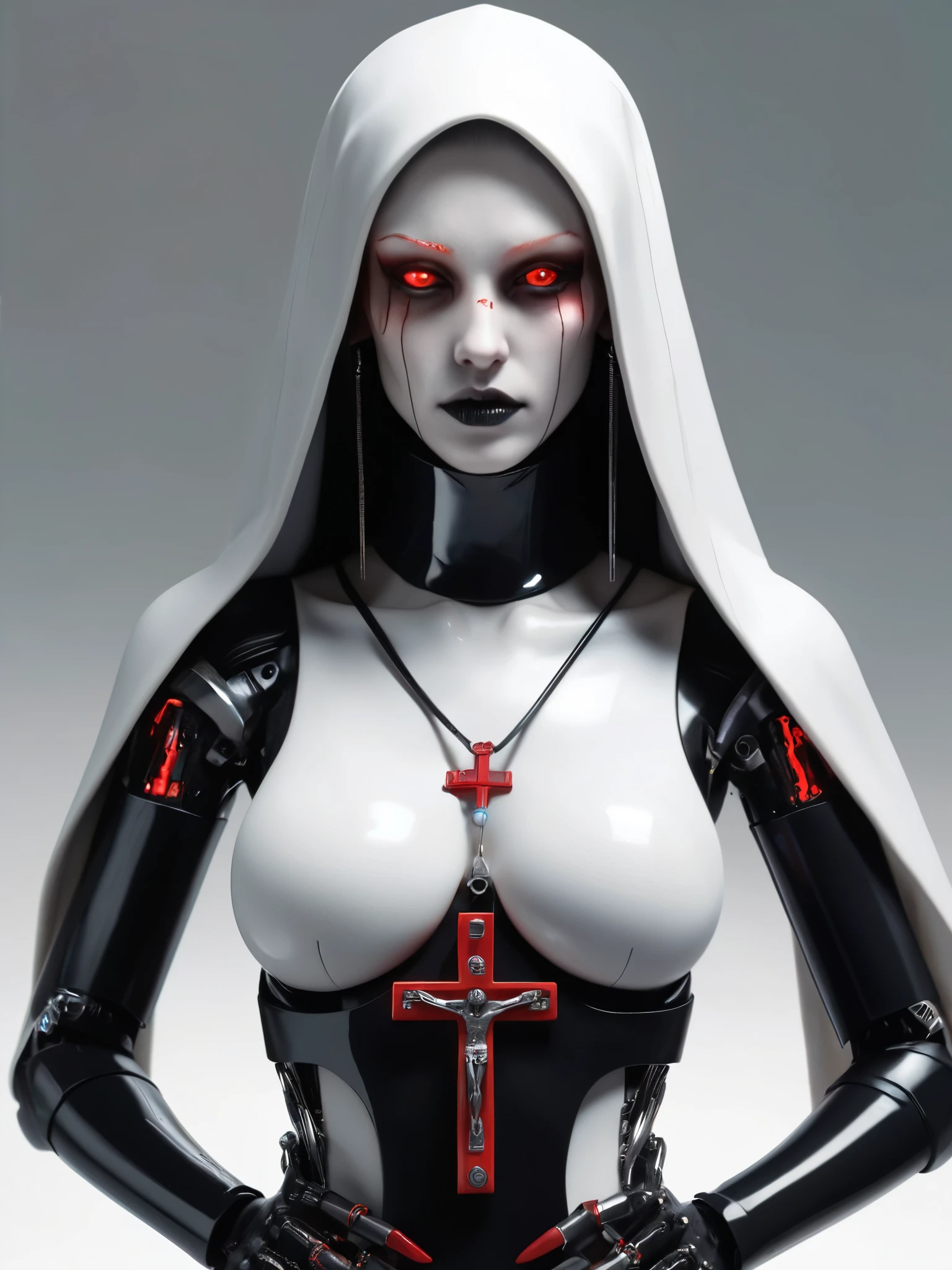 ral-opal, meahophontron, full body, woman robot face, Cyberpunk, devil nun, , looking at camera, body nun clothes, red eyes, primer plano looking at camera, realist, beautifull woman,  face, black clothes, gray and red, Red high heels, holding red crucifix.