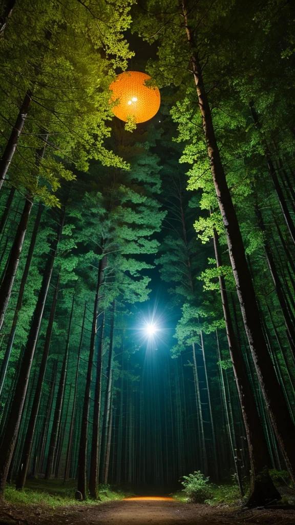 In the forest at night、A UFO was hovering high above the ground, emitting a dazzling light.　The UFO has five small windows and is an Adamski type that glows orange.。With mysterious images