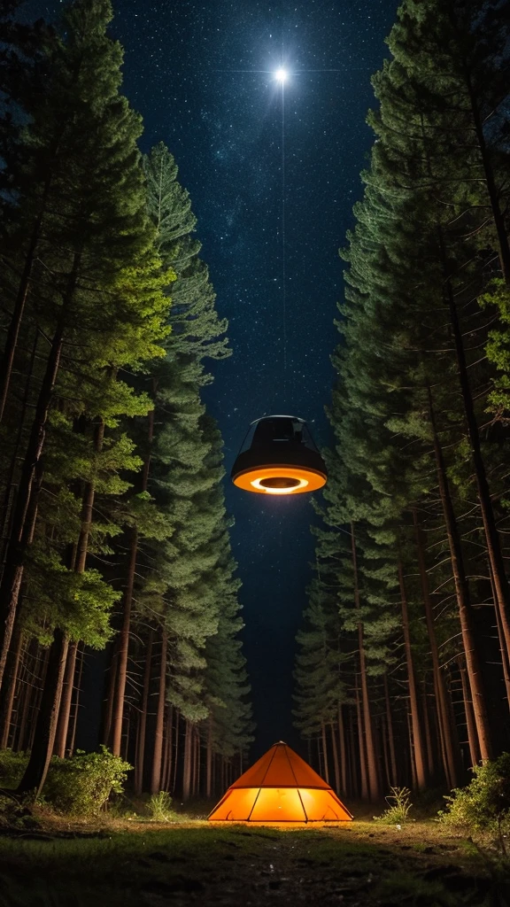 In the forest at night、A UFO was hovering high above the ground, emitting a dazzling light. The UFO has five small windows and is an Adamski type that glows orange.。With mysterious images
