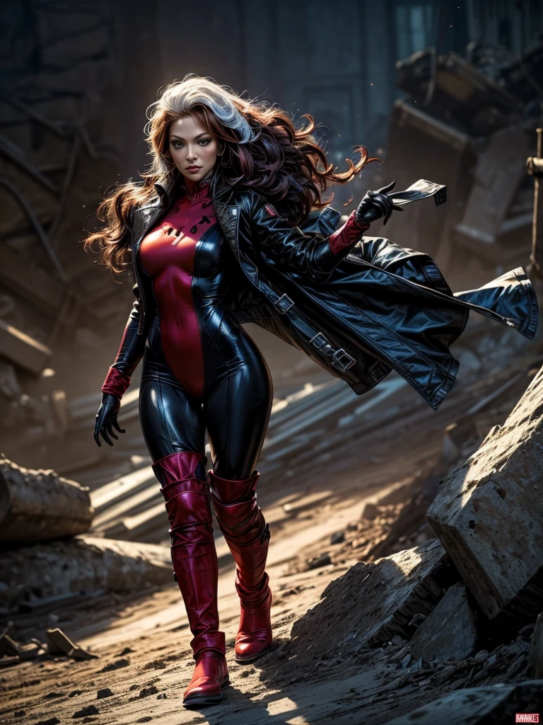Jennifer Lopez、masterpiece、High quality 4K、villain (X-Men)、Gothic Girl、Sculpted Body Gothic Makeup、Black jacket、Red and blue bodysuit、masterpiece、Highest quality、Cowboy Shots、One personの女の子、One person、Technology Military Bodysuit、fringe