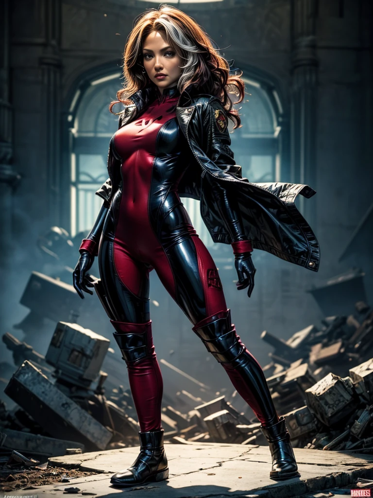 Jennifer Lopez、masterpiece、High quality 4K、villain (X-Men)、Gothic Girl、Sculpted Body Gothic Makeup、Black jacket、Red and blue bodysuit、masterpiece、Highest quality、Cowboy Shots、One personの女の子、One person、Technology Military Bodysuit、fringe