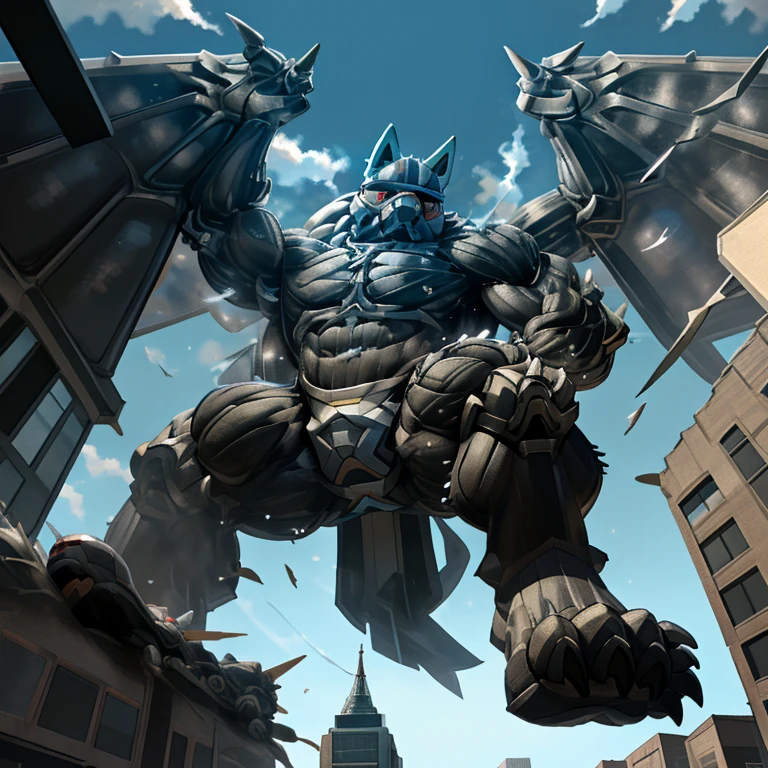(masterpiece. official art. 8k. best quality. detailed full body. full body.)
(situation 1 : dominating LUCARIO. focus GIANT mechanical Muscular LUCARIO is trampling the CITY. macro. stomp. Low-angle perspective. emphasizing the immense size. The perspective is from below, emphasizing the sheer majesty and power of the Giant. giant art. He is much bigger than a skyscraper. Giga Giants. micro soccer field. looking down.)

(situation 2 :smoke and flames rising from the destruction in the city)

(Additional details 1: wearing a full-face helmet. helmet is jet black. The color of NANOSUIT is jet black. high-tech bio-mecha armor. real texture material. whole body shines like metal. Wearing cyberpunk mecha. emphasizes the muscles. suit fully made of metal. intricate armor. Robotic suit. suit fully made of metal. NANOSUIT with the same design as LUCARIO.). (Lucario has 5 toes.)

(Additional details 2: (Detailed head. Detailed Body. Detailed abs. gigantic muscles. HYPER MUSCLES. Gigachad Muscular. big muscle. pecs. triceps. traps. unusually developed muscular body. body full of huge muscles. showing off muscles. pectorales enormes. Exaggeratedly huge muscles. huge muscles. long legs.).

(Additional details 3: nj5furry, Spread wings. It has wings. black have big wings. The claws are sharp. Sharp teeth.5 toes.). 