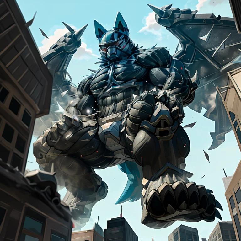 (masterpiece. official art. 8k. best quality. detailed full body. full body.)
(situation 1 : dominating LUCARIO. focus GIANT mechanical Muscular LUCARIO is trampling the CITY. macro. stomp. Low-angle perspective. emphasizing the immense size. The perspective is from below, emphasizing the sheer majesty and power of the Giant. giant art. He is much bigger than a skyscraper. Giga Giants. micro soccer field. looking down.)

(situation 2 :smoke and flames rising from the destruction in the city)

(Additional details 1: wearing a full-face helmet. helmet is jet black. The color of NANOSUIT is jet black. high-tech bio-mecha armor. real texture material. whole body shines like metal. Wearing cyberpunk mecha. emphasizes the muscles. suit fully made of metal. intricate armor. Robotic suit. suit fully made of metal. NANOSUIT with the same design as LUCARIO.). (Lucario has 5 toes.)

(Additional details 2: (Detailed head. Detailed Body. Detailed abs. gigantic muscles. HYPER MUSCLES. Gigachad Muscular. big muscle. pecs. triceps. traps. unusually developed muscular body. body full of huge muscles. showing off muscles. pectorales enormes. Exaggeratedly huge muscles. huge muscles. long legs.).

(Additional details 3: nj5furry, Spread wings. It has wings. black have big wings. The claws are sharp. Sharp teeth.5 toes.). 