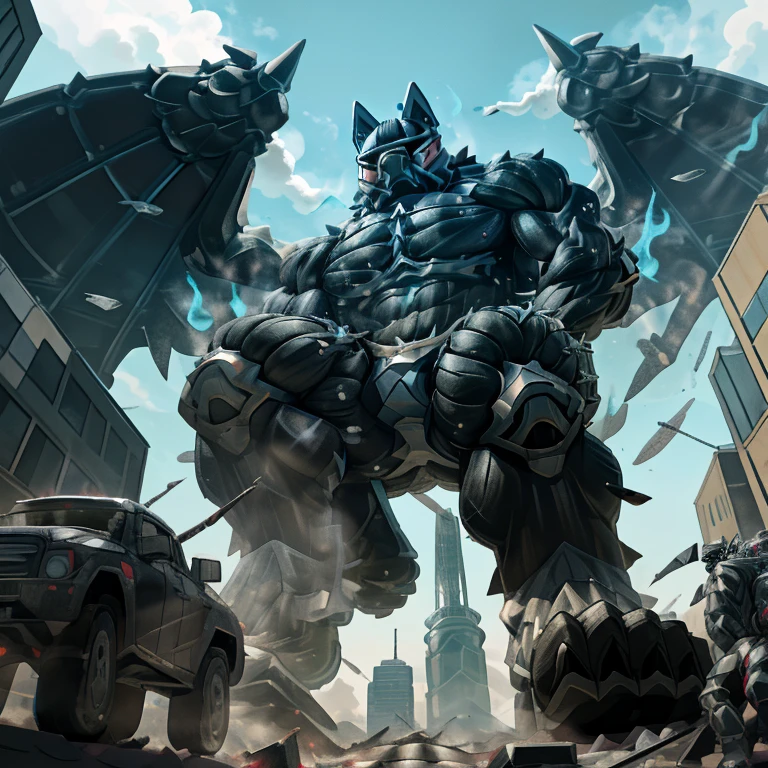(masterpiece. official art. 8k. best quality. detailed full body. full body.)
(situation 1 : dominating LUCARIO. focus GIANT mechanical Muscular LUCARIO is trampling the CITY. macro. stomp. Low-angle perspective. emphasizing the immense size. The perspective is from below, emphasizing the sheer majesty and power of the Giant. giant art. He is much bigger than a skyscraper. Giga Giants. micro soccer field. looking down.)

(situation 2 :smoke and flames rising from the destruction in the city)

(Additional details 1: wearing a full-face helmet. helmet is jet black. The color of NANOSUIT is jet black. high-tech bio-mecha armor. real texture material. whole body shines like metal. Wearing cyberpunk mecha. emphasizes the muscles. suit fully made of metal. intricate armor. Robotic suit. suit fully made of metal. NANOSUIT with the same design as LUCARIO.). (Lucario has 5 toes.)

(Additional details 2: (Detailed head. Detailed Body. Detailed abs. gigantic muscles. HYPER MUSCLES. Gigachad Muscular. big muscle. pecs. triceps. traps. unusually developed muscular body. body full of huge muscles. showing off muscles. pectorales enormes. Exaggeratedly huge muscles. huge muscles. long legs.).

(Additional details 3: nj5furry, Spread wings. It has wings. black have big wings. The claws are sharp. Sharp teeth.5 toes.). 