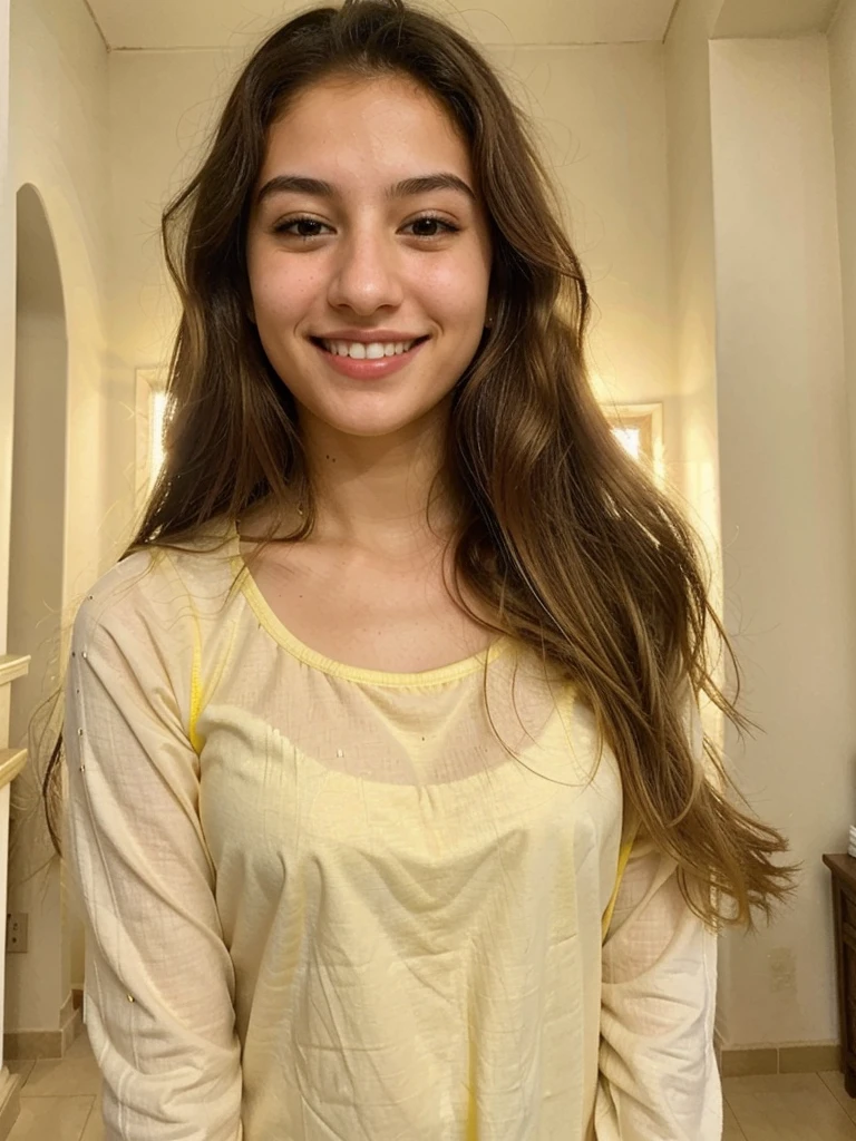 20YO, small nose, one women,attractive, Jordanian, Arab, Bright Yellow shirt, cute smile, cute face, white teethes, skinny face, light brown eyes, black/blonde long hair, modest, selfie