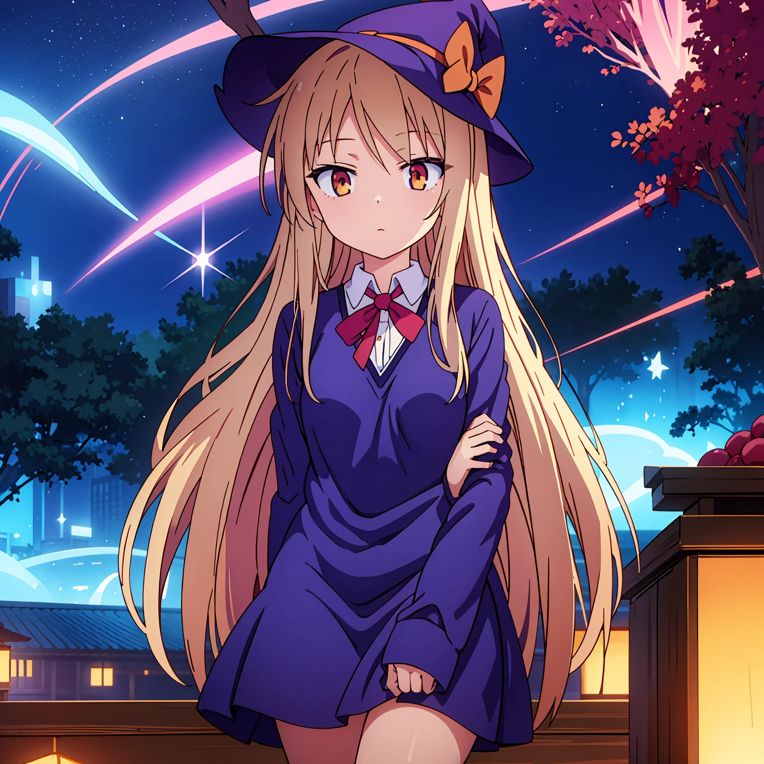 
Anime girl, Shiina Mashiro, Mashiro, Anime Sakurasou, long blonde hair, orange eyes, unimpressive, , witch outfit, magic book, Wooden room, Pictures, posters