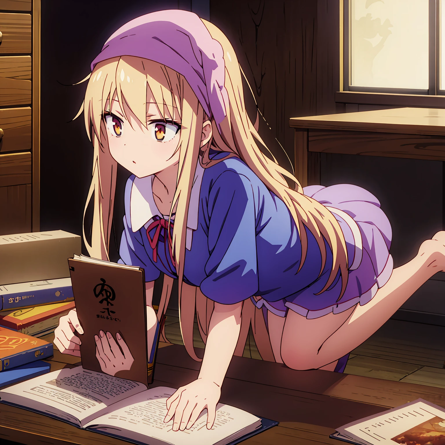 
Anime girl, Shiina Mashiro, Mashiro, Anime Sakurasou, long blonde hair, orange eyes, unimpressive, , witch outfit, magic book, Wooden room, Pictures, posters