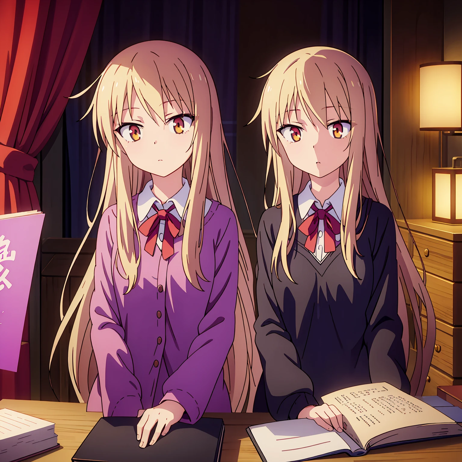 Anime girl, Shiina Mashiro, Mashiro, Anime Sakurasou, long blonde hair, orange eyes, unimpressive, , witch outfit, magic book, Wooden room, Pictures, posters
