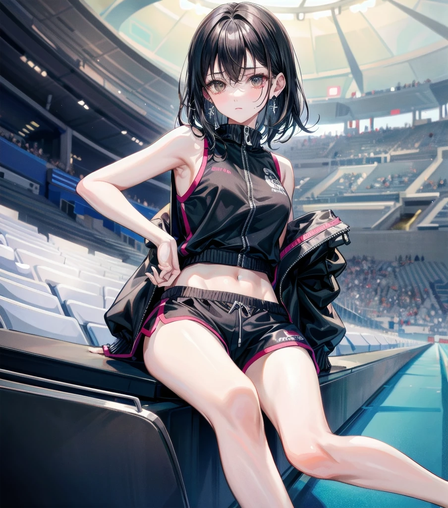 full body, delicate facial features, medium tits, medium hair, black hair, tearful mole, earring, tracksuit, (sleeveless, bare arms), shorts, stadium,