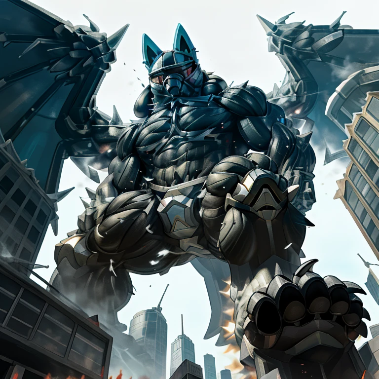 (masterpiece. official art. 8k. best quality. detailed full body. full body.)
(situation 1 : dominating LUCARIO. focus GIANT mechanical Muscular LUCARIO is trampling the CITY. macro. stomp. Low-angle perspective. emphasizing the immense size. The perspective is from below, emphasizing the sheer majesty and power of the Giant. giant art. He is much bigger than a skyscraper. Giga Giants. micro soccer field. looking down.)

(situation 2 :smoke and flames rising from the destruction in the city)

(Additional details 1: wearing a full-face helmet. helmet is jet black. The color of NANOSUIT is jet black. high-tech bio-mecha armor. real texture material. whole body shines like metal. Wearing cyberpunk mecha. emphasizes the muscles. suit fully made of metal. intricate armor. Robotic suit. suit fully made of metal. NANOSUIT with the same design as LUCARIO.). (Lucario has 5 toes.)

(Additional details 2: (Detailed head. Detailed Body. Detailed abs. gigantic muscles. HYPER MUSCLES. Gigachad Muscular. big muscle. pecs. triceps. traps. unusually developed muscular body. body full of huge muscles. showing off muscles. pectorales enormes. Exaggeratedly huge muscles. huge muscles. long legs.).

(Additional details 3: nj5furry, Spread wings. It has wings. black have big wings. The claws are sharp. Sharp teeth.5 toes.). 