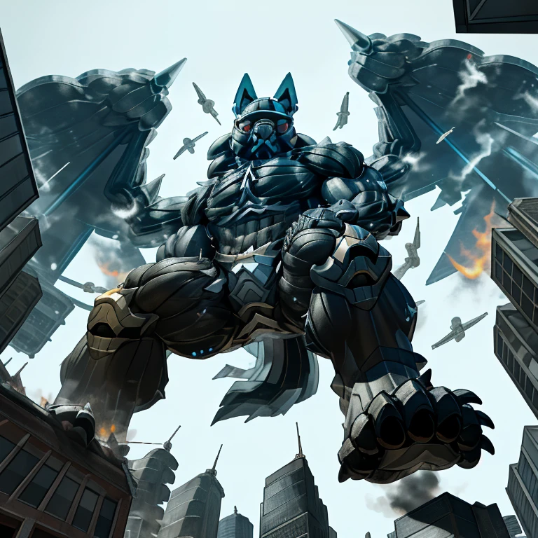 (masterpiece. official art. 8k. best quality. detailed full body. full body.)
(situation 1 : dominating LUCARIO. focus GIANT mechanical Muscular LUCARIO is trampling the CITY. macro. stomp. Low-angle perspective. emphasizing the immense size. The perspective is from below, emphasizing the sheer majesty and power of the Giant. giant art. He is much bigger than a skyscraper. Giga Giants. micro soccer field. looking down.)

(situation 2 :smoke and flames rising from the destruction in the city)

(Additional details 1: wearing a full-face helmet. helmet is jet black. The color of NANOSUIT is jet black. high-tech bio-mecha armor. real texture material. whole body shines like metal. Wearing cyberpunk mecha. emphasizes the muscles. suit fully made of metal. intricate armor. Robotic suit. suit fully made of metal. NANOSUIT with the same design as LUCARIO.). (Lucario has 5 toes.)

(Additional details 2: (Detailed head. Detailed Body. Detailed abs. gigantic muscles. HYPER MUSCLES. Gigachad Muscular. big muscle. pecs. triceps. traps. unusually developed muscular body. body full of huge muscles. showing off muscles. pectorales enormes. Exaggeratedly huge muscles. huge muscles. long legs.).

(Additional details 3: nj5furry, Spread wings. It has wings. black have big wings. The claws are sharp. Sharp teeth.5 toes.). 