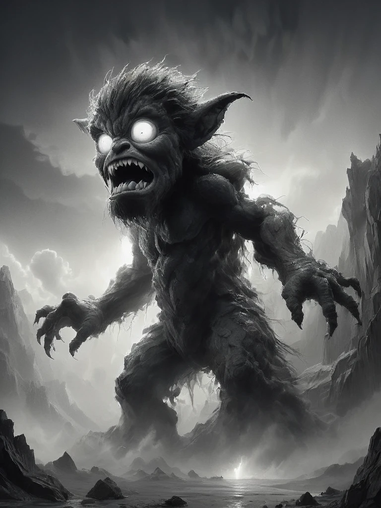 stunning black and white graphite sketch of a crazy little moster, panoramic shot, from The Lord Of The Rings trilogy, in dynamic pose, by Anna Razumovskay, (by Alyssa Monks:1.1), by Joseph Lorusso, by Lilia Alvarado, beautiful lighting, sharp focus, 8k, high res, (pores:0.1), (sweaty:0.8), Masterpiece, Nikon Z9, Award - winning photograph, --ar 16:9 --style raw --stylize 750 --niji 6, perfect composition, beautiful detailed intricate insanely detailed octane render trending on artstation, 8 k artistic photography, photorealistic concept art, soft natural volumetric lighting, cinematic perfect, wide angle view
