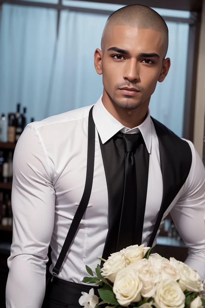 Male character a shaved head bartender with brown skin , with a scar on the left eye, wears white and black formal clothing , with a red tie