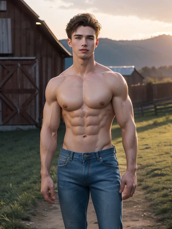 (Masterpiece, Hyperrealistic, 8k, HDR, RAW), ((Natural illumination)), sunset illumination, warm illumination, ((Standing)), (((Outside a barn))), ((handsome man)), American boy, bad boy, ((Pale skin)), 21 years old, ((Muscular abs)), ((Denim trousers)), ((Short messy hair)), ((Toned muscular body)), ((Brunet hair)), ???? face, ???? grin, perfect ???????