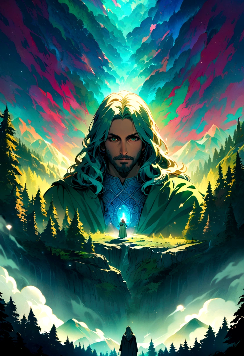 Jesus Christ looking directly at camera, The background of the image can be in a very green and vivid forest or mountains