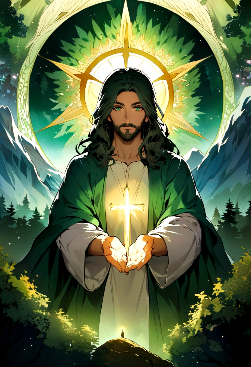 Jesus Christ looking directly at camera, The background of the image can be in a very green and vivid forest or mountains
