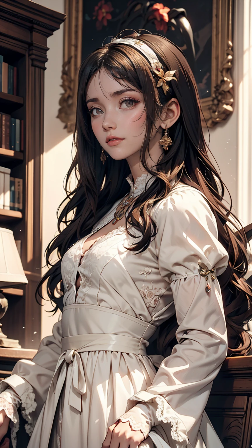 A girl in a white lace dress with Leonardo da Vinci's notes in the background、Image of À la Fed, A stunningly young and elegant person, Magical Girl Portrait, Portrait of a Young Witch girl, Girl in steampunk clothes, Musician girl in lace clothes, Natalia Dyer, Dafne Keen, Portrait of a Young Witch, Girl with magical powers, Inspired by Irakli Nadar, Inspired by William Mastester Lockhart, Highest quality, detailed, detailed, masterpiece, high resolution