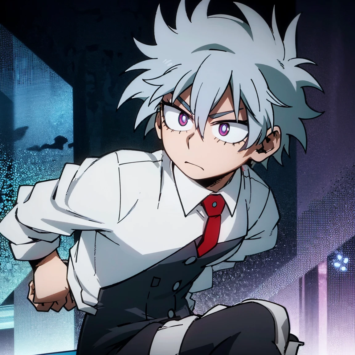 1boy, male focus, boku no hero academia, masterpiece, best quality, very aesthetic, cowboy shot, muscular body, gray jacket, red tie, white shirt, teal pants, boots, short spiky hair, grayish violet hair, cyan eyes, night