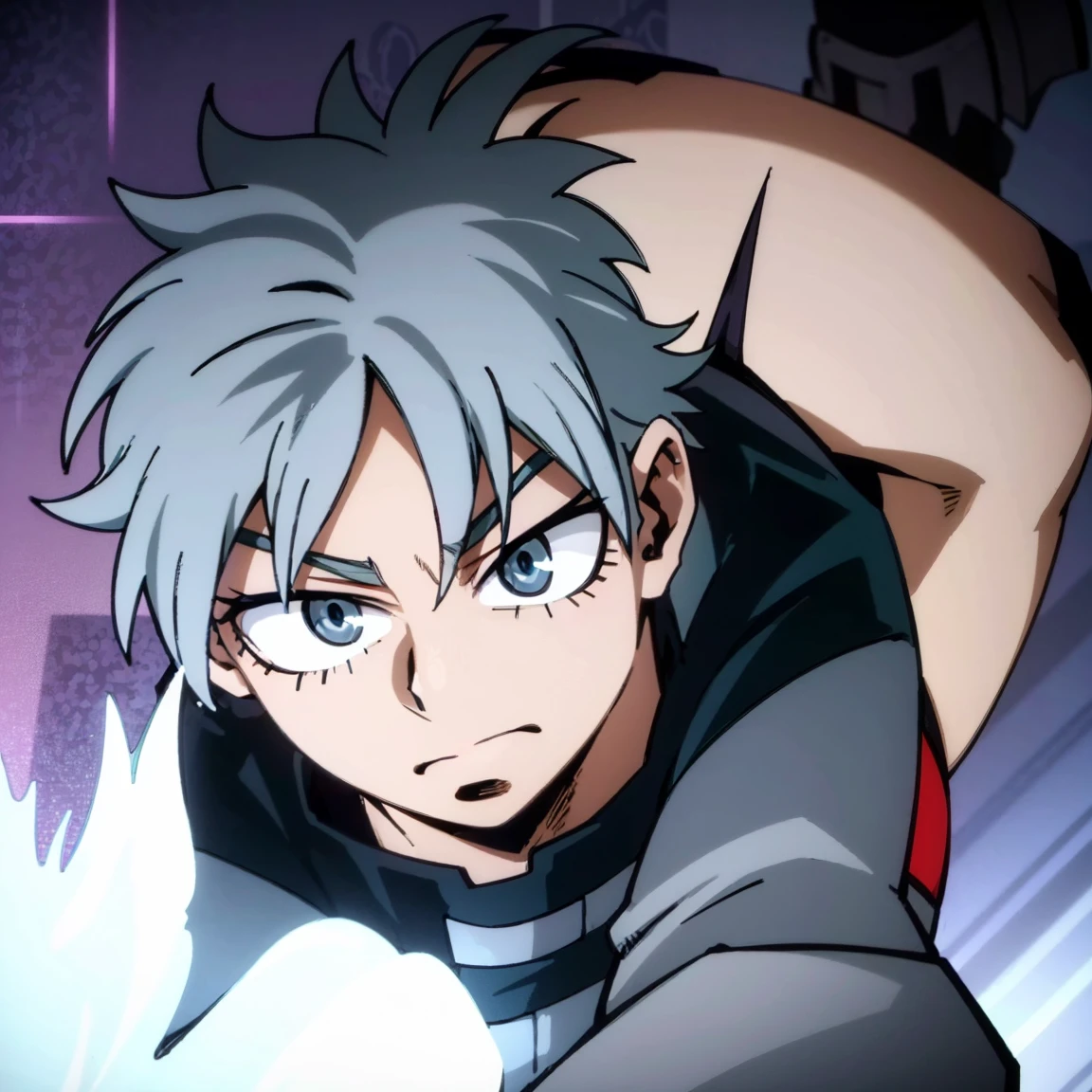 1boy, male focus, boku no hero academia, masterpiece, best quality, very aesthetic, cowboy shot, muscular body, gray jacket, red tie, white shirt, teal pants, boots, short spiky hair, grayish violet hair, cyan eyes, night