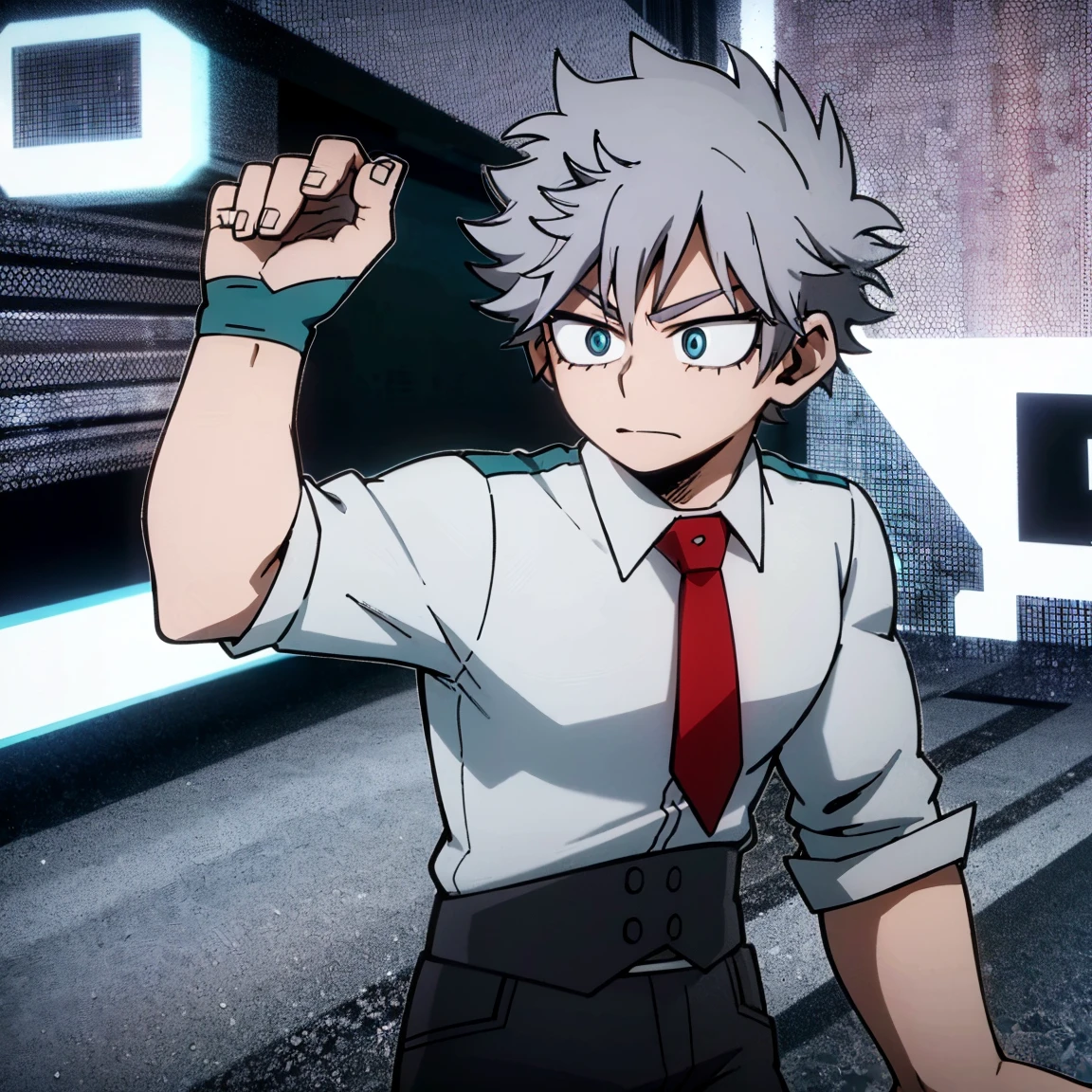 1boy, male focus, boku no hero academia, masterpiece, best quality, very aesthetic, cowboy shot, muscular body, gray jacket, red tie, white shirt, teal pants, boots, short spiky hair, grayish violet hair, cyan eyes, night