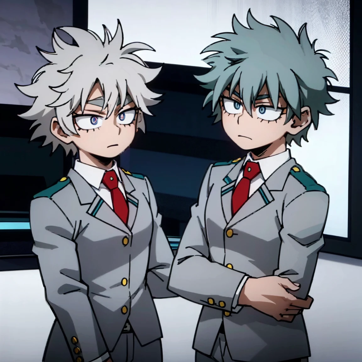 1boy, male focus, boku no hero academia, masterpiece, best quality, very aesthetic, cowboy shot, muscular body, gray jacket, red tie, white shirt, teal pants, boots, short spiky hair, grayish violet hair, cyan eyes, night