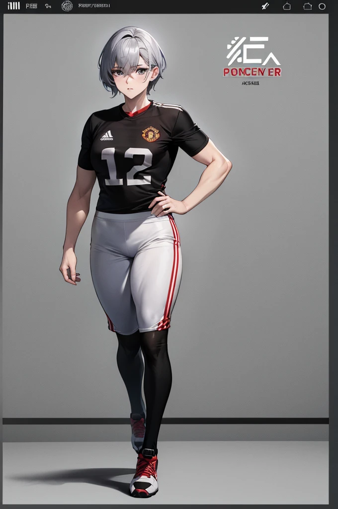 South korean movie actress :Football player , football team name : manchester united, 1girl, beautiful face, muscular slender body, hair color : gray white, hair style : very short hair Tapered With Fade And Textured Curls, 21 year old, anime style background , full body focus, well detailed, high resolution 8k, age:23, jersey t-shirt color : white & black , background : anime style news postor, full body focus, skin colour : brown,