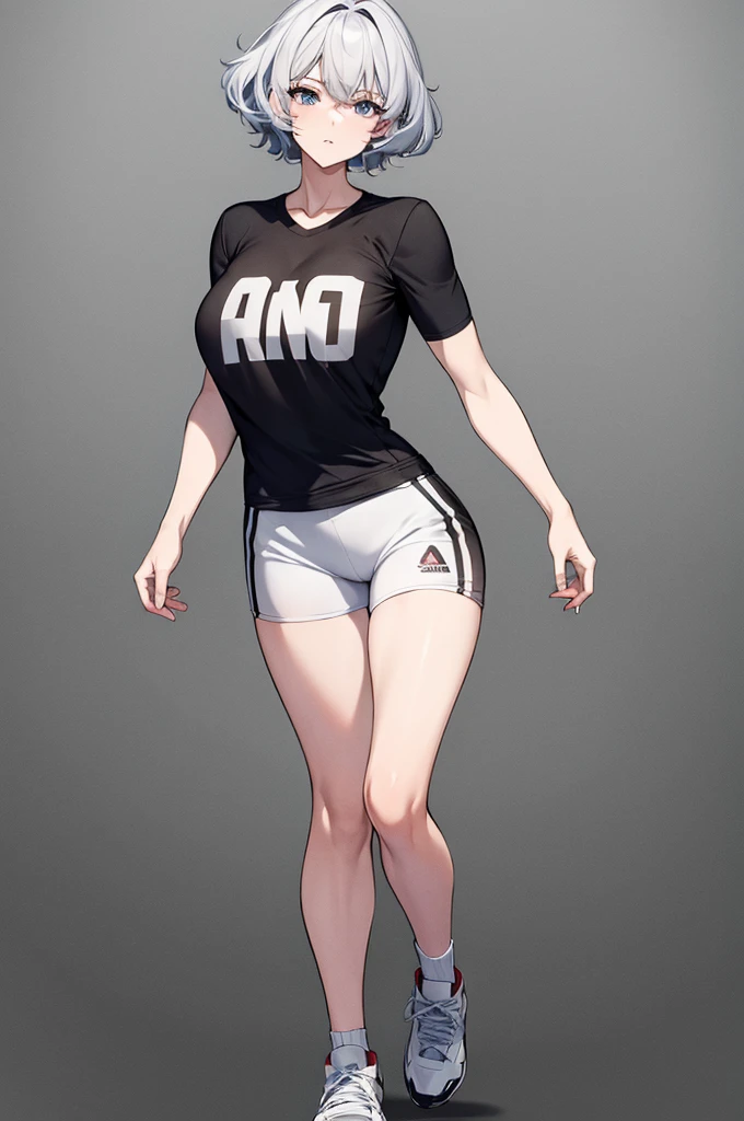 South korean movie actress :Football player , football team name : manchester united, 1girl, beautiful face, muscular slender body, hair color : gray white, hair style : very short hair Tapered With Fade And Textured Curls, 21 year old, anime style background , full body focus, well detailed, high resolution 8k, age:23, jersey t-shirt color : white & black , background : anime style news postor, full body focus, skin colour : brown,