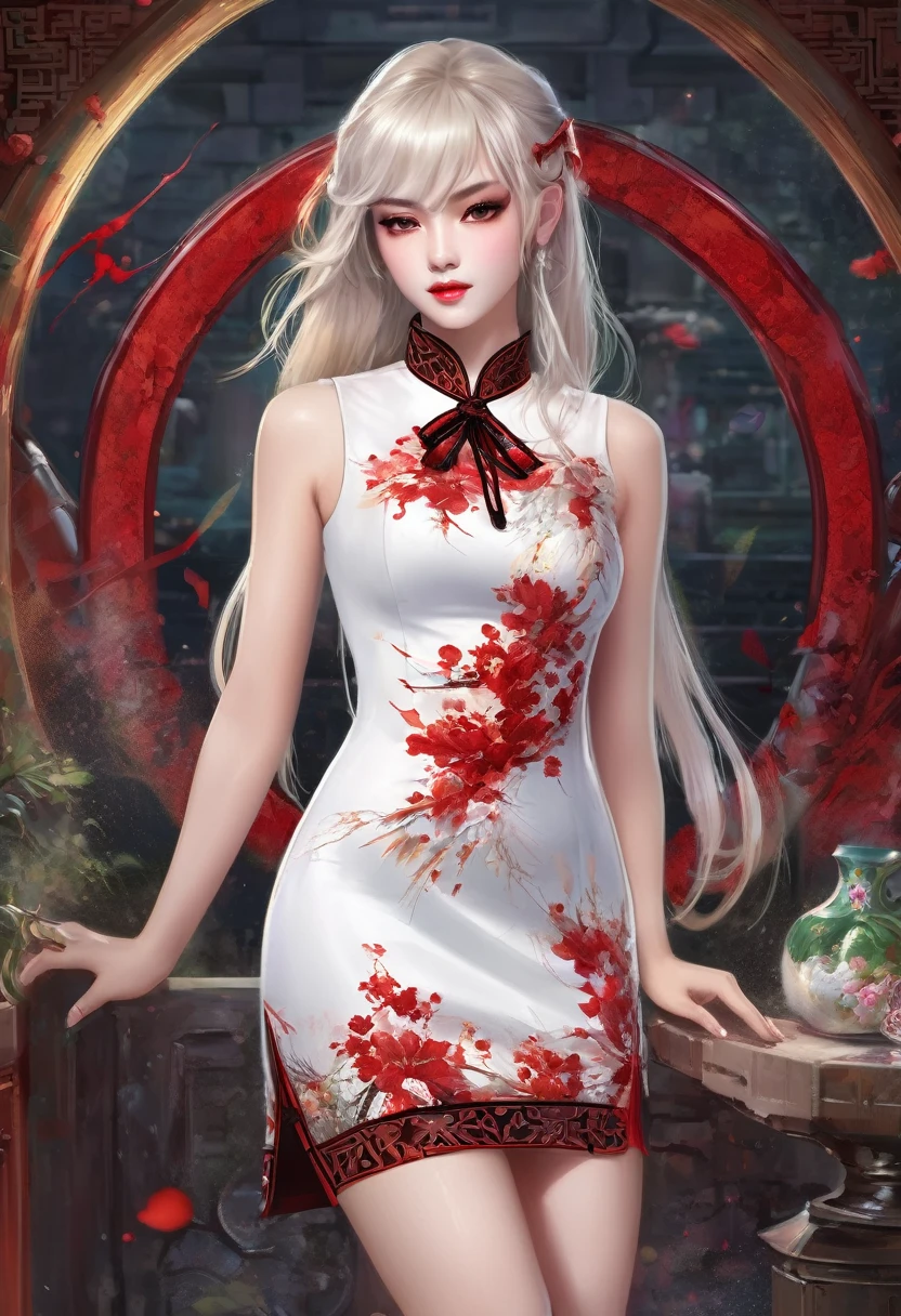 a beautiful female vampire wearing a (blood stained white Cheongsam: 1.5), an extremely beautiful female vampire, ultra detailed face, blond hair, long hair, wavy hair, dark glamour make up, pale skin, red lips, glowing red eyes, visible vampiric fangs, she wears a ((white Cheongsam: 1.5)), elegant, intricate detailed Cheongsam, silk Cheongsam, small cleavage, ((Cheongsam is decorated with gems: 1.4)), she wears elegant knee high heeled boots, exquisite knee high heeled boots, there are stains of blood on the upper part of the dress, dynamic background, best details, best quality, highres, ultra wide angle, 16k, [ultra detailed], masterpiece, best quality, (extremely detailed), full body, ultra wide shot, photorealistic, fantasy art, dnd art, rpg art, realistic art, blood everywhere,