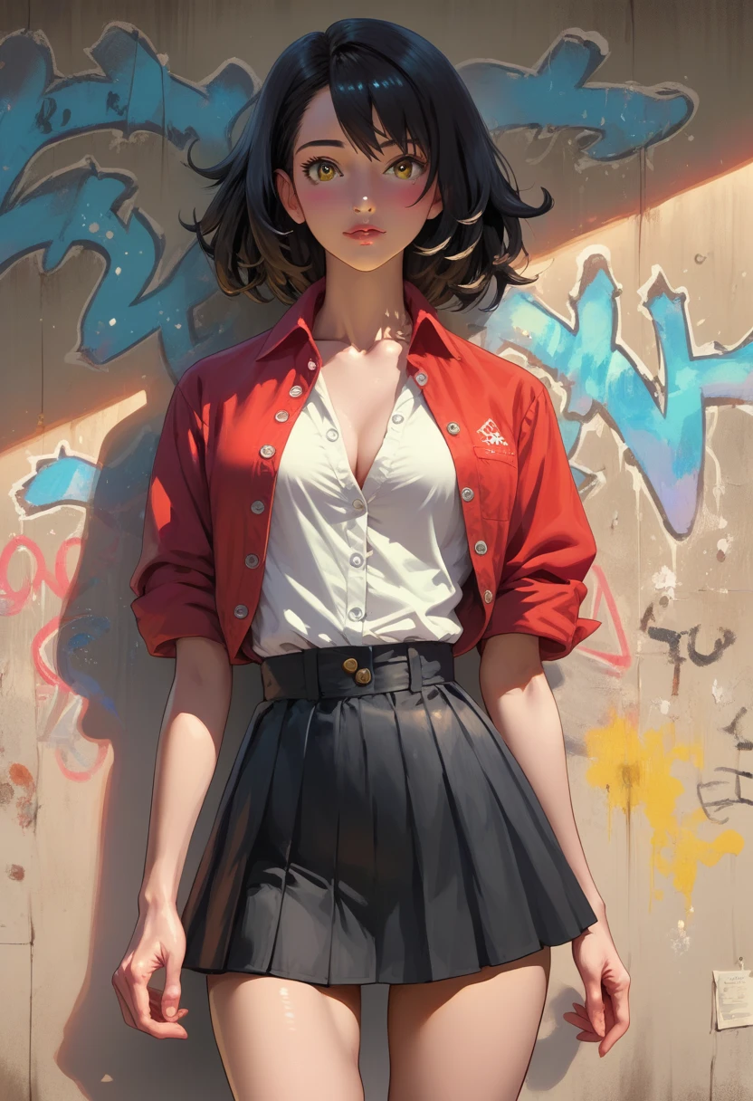 atmosfera chuva red Stunning painting featuring the very beautiful Sasuke + venom sider big tits red all eye pink provocative pose, flirtatious expression, tattered unbuttoned shirt black yellow highly detailed tattered leather mini skirt, perfect anatomy, centered, near perfect, dynamic, highly detailed, artstation, concept art, soft and sharp focus, illustration, art by Carne Griffiths and Wadim Kashin, graffiti airbrush techniques, high definition accent lighting, contrasted with vivid paint colors, cinematic, photorealistic, by Boris Vallejo, atmosphere extra space, digital rendering, digital painting, beep, Noah Bradley, Cyril Roland, Ross Tran, trending on artstation