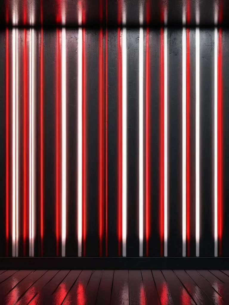 (plain white background), symbology neon lights vertical stripes drawn on the wall, Red color, black and dark gray, scary environment.