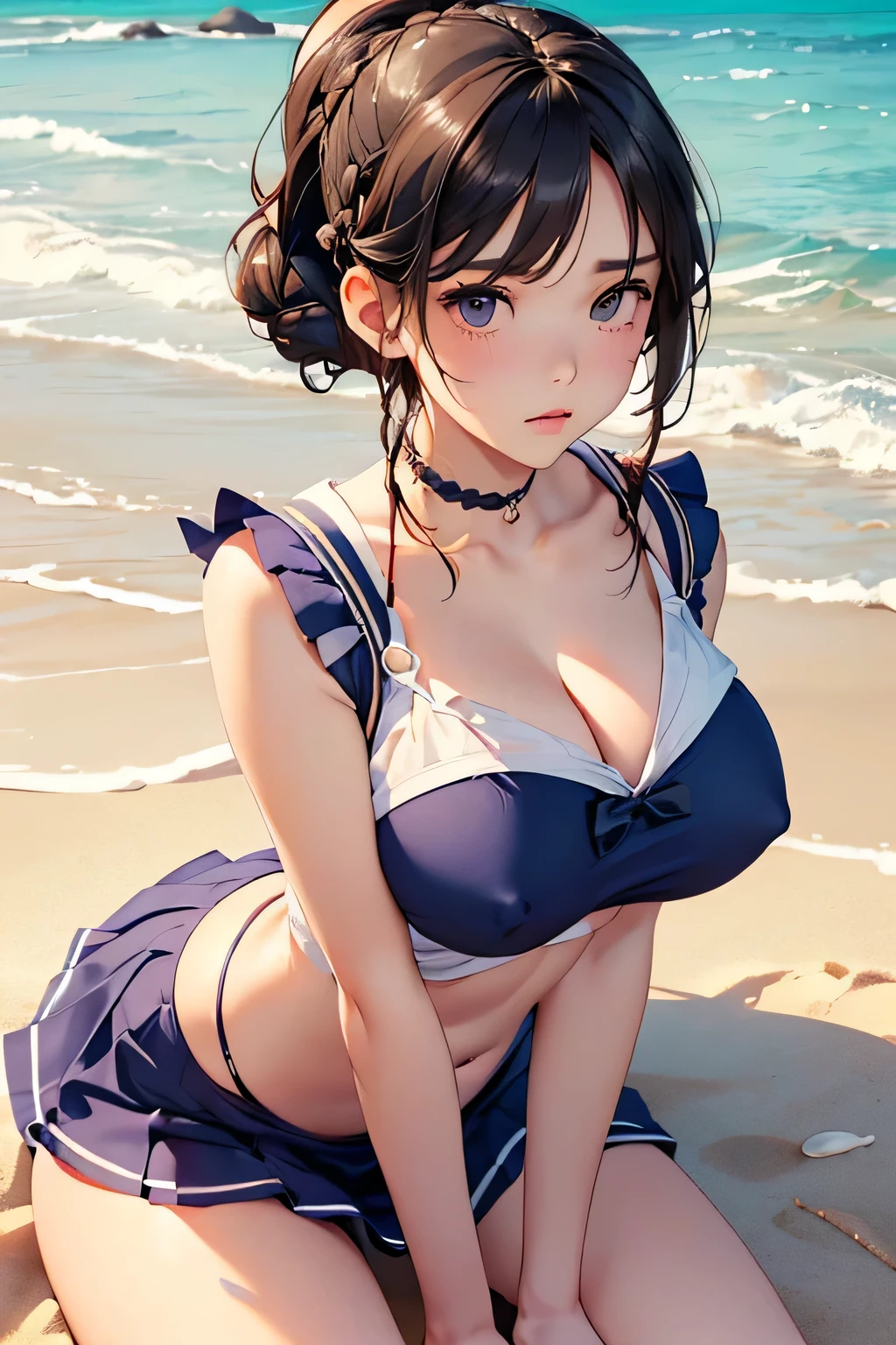Highest quality、High resolution、Detailed Background、(Beautiful face in every detail:1.4)、Anatomically correct、(Detailed facial expressions)、(Detailed eyes:1.2)、age beauty、(Highly detailed face:1.4)、(Huge breasts:1.4)、
Cute hair colour、Braided bob cut、Braided Ponytail、Braided twin tails、well-groomed eyebrows、Perfect body line、Attractive thighs、Do cute things、
(Sleeveless sailor suit:1.2)、Pleated mini skirt、White panties、no good、
My clothes are wet and transparent、Lying on the beach、Accentuate your breasts、Show your side、(underboob:1.2)、Panty Shot、
(Beautiful girl lying on the beach with a happy expression:1.5)