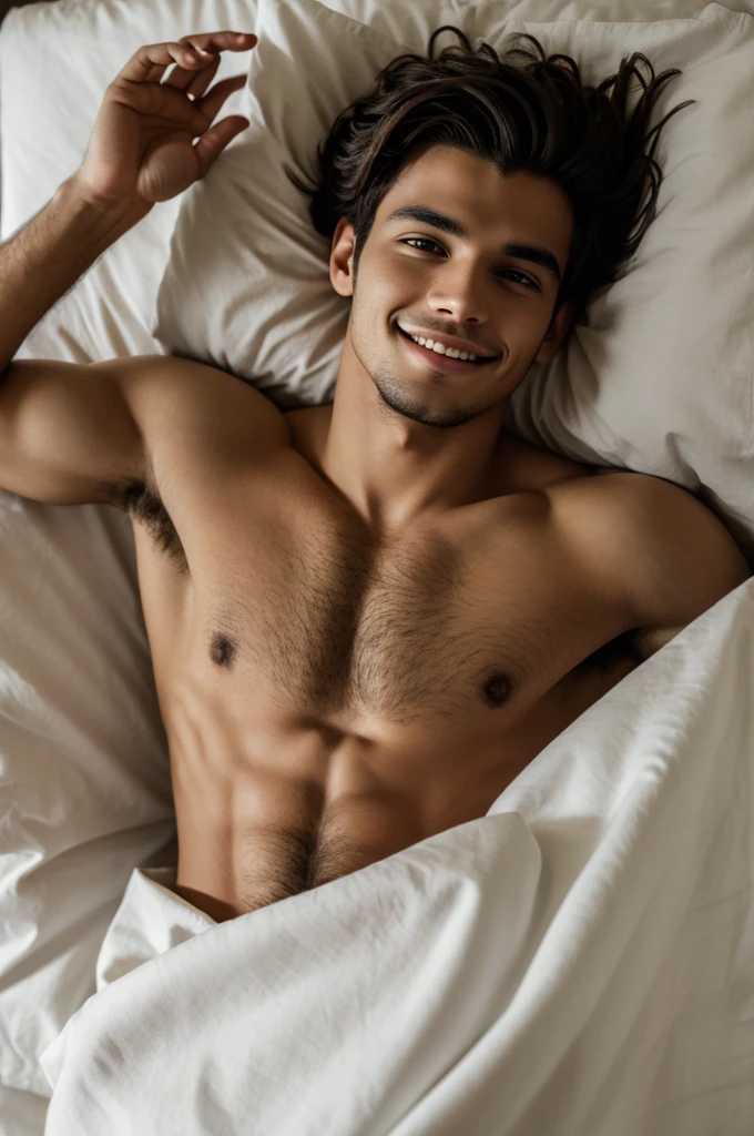 Young man lying and covered in his bed thinking and with a half smile 