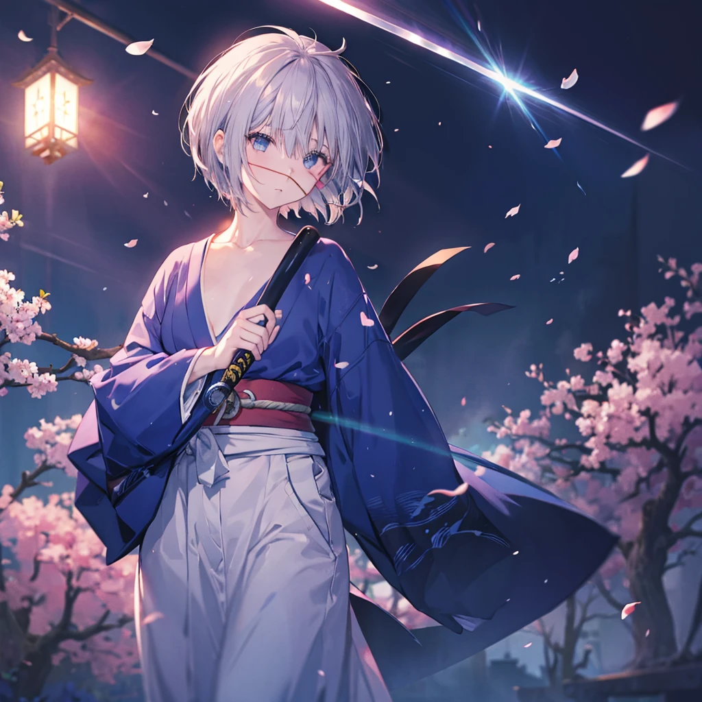 (((1 person Gray Hair))) ((((Eye patch)))) (((High resolution short hair Black kimono))) ((Shoulder Rin々Funny face Holding the sheath and preparing the sword)) ((Black Band samurai Lonely despair blue eyes Pull camera)) ((Blue Butterfly night Japanese style old Cherry Blossom Garden water surface Catch the wind Scattering cherry blossom petals)) ((Japanese sword Two-Way Slashing Bathed in light)) ((Sword Reflection Pink light)) 月night moonlight star Draw your sword Shining Background Shining Edge