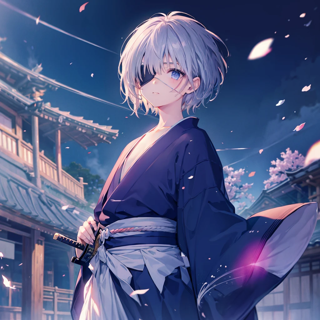 (((1 person　Gray Hair)))　((((Eye patch))))　(((High resolution　short hair　Black kimono)))　((Shoulder　Rin々Funny face　Holding the sheath and preparing the sword))　((Black Band　samurai　Lonely　despair　blue eyes　Pull camera))　((Blue Butterfly　night　Japanese style　old　Cherry Blossom Garden　water surface　Catch the wind　Scattering cherry blossom petals))　((Japanese sword　Two-Way　Slashing　Bathed in light))　((Sword Reflection　Pink light))　月night　moonlight　star　Draw your sword　Shining Background　Shining Edge