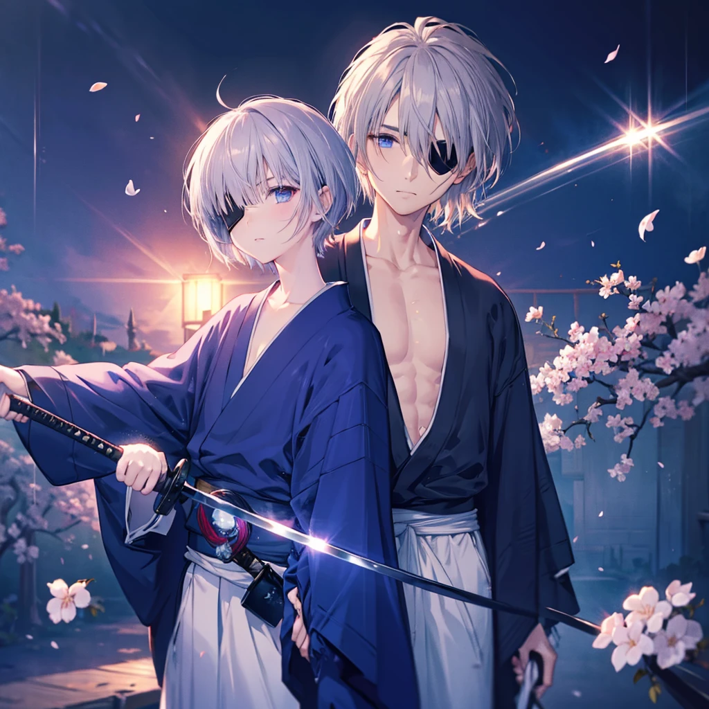(((1 person Gray Hair))) ((((Eye patch)))) (((High resolution short hair Black kimono))) ((Shoulder Rin々Funny face Holding the sheath and preparing the sword)) ((Black Band samurai Lonely despair blue eyes Pull camera)) ((Blue Butterfly night Japanese style old Cherry Blossom Garden water surface Catch the wind Scattering cherry blossom petals)) ((Japanese sword Two-Way Slashing Bathed in light)) ((Sword Reflection Pink light)) 月night moonlight star Draw your sword Shining Background Shining Edge