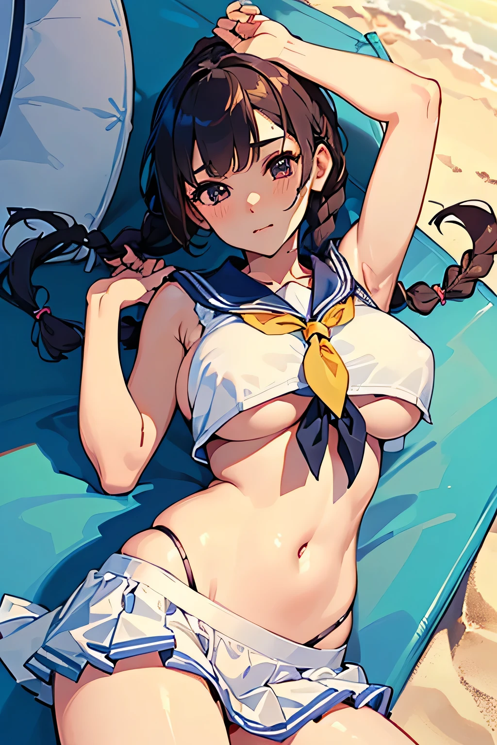 Highest quality、High resolution、Detailed Background、(Beautiful face in every detail:1.4)、Anatomically correct、(Detailed facial expressions)、(Detailed eyes:1.2)、age beauty、(Highly detailed face:1.4)、(Huge breasts:1.4)、
Cute hair colour、Braided bob cut、Braided Ponytail、Braided twin tails、well-groomed eyebrows、Perfect body line、Attractive thighs、Do cute things、
(Sleeveless sailor suit:1.2)、Pleated mini skirt、White panties、no good、
Lying on the beach、Accentuate your breasts、(underboob:1.2)、A big smile、Panty Shot、
(Beautiful girl lying on the beach with a happy expression:1.5)