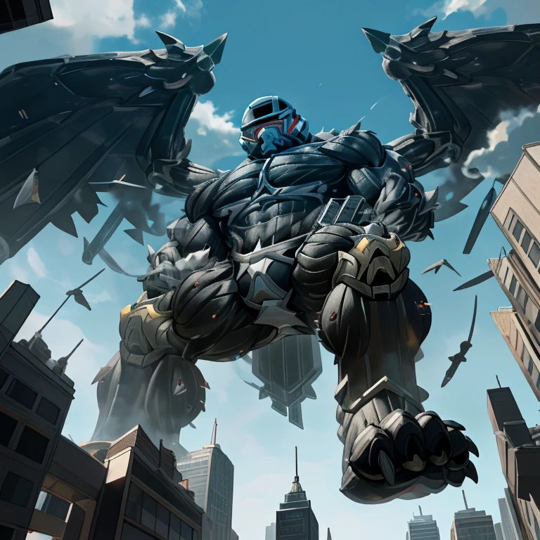 (masterpiece. official art. 8k. best quality. detailed full body. full body.)
(situation 1 : dominating LUCARIO. focus GIANT mechanical Muscular LUCARIO is trampling the CITY. macro. stomp. Low-angle perspective. emphasizing the immense size. The perspective is from below, emphasizing the sheer majesty and power of the Giant. giant art. He is much bigger than a skyscraper. Giga Giants. micro soccer field. looking down.)
(situation 2 :smoke and flames rising from the destruction in the city)
(Additional details 1: wearing a full-face helmet. helmet is jet black. The color of NANOSUIT is jet black. high-tech bio-mecha armor. real texture material. whole body shines like metal. Wearing cyberpunk mecha. emphasizes the muscles. suit fully made of metal. intricate armor. Robotic suit. suit fully made of metal. NANOSUIT with the same design as LUCARIO.). (Lucario has 5 toes.)
(Additional details 2: (Detailed head. Detailed Body. Detailed abs. gigantic muscles. HYPER MUSCLES. Gigachad Muscular. big muscle. pecs. triceps. traps. unusually developed muscular body. body full of huge muscles. showing off muscles. pectorales enormes. Exaggeratedly huge muscles. huge muscles. long legs.).
(Additional details 3: nj5furry, Spread wings. It has wings. black have big wings. The claws are sharp. Sharp teeth.5 toes.).
