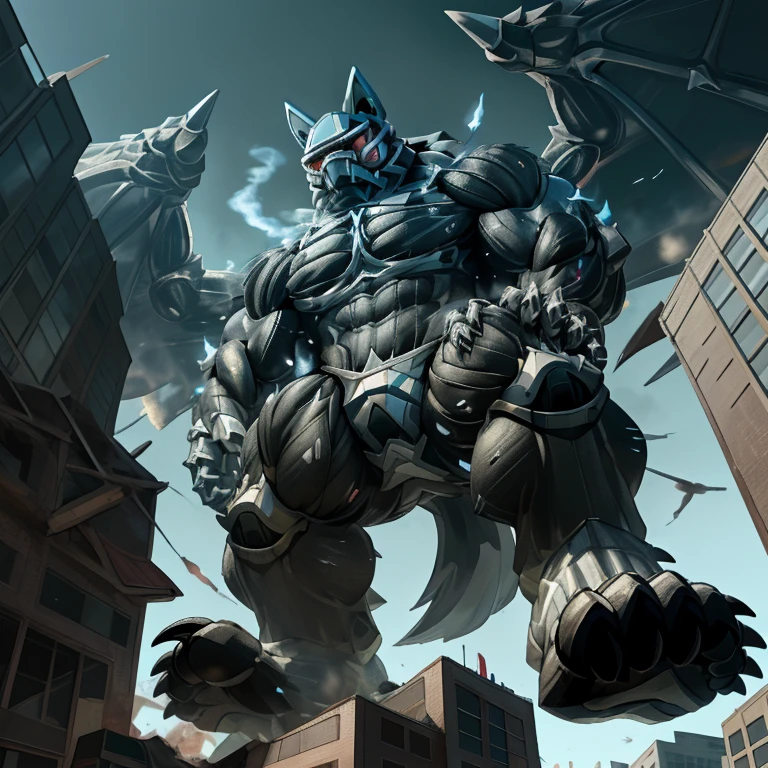 (masterpiece. official art. 8k. best quality. detailed full body. full body.)
(situation 1 : dominating LUCARIO. focus GIANT mechanical Muscular LUCARIO is trampling the CITY. macro. stomp. Low-angle perspective. emphasizing the immense size. The perspective is from below, emphasizing the sheer majesty and power of the Giant. giant art. He is much bigger than a skyscraper. Giga Giants. micro soccer field. looking down.)

(situation 2 :smoke and flames rising from the destruction in the city)

(Additional details 1: wearing a full-face helmet. helmet is jet black. The color of NANOSUIT is jet black. high-tech bio-mecha armor. real texture material. whole body shines like metal. Wearing cyberpunk mecha. emphasizes the muscles. suit fully made of metal. intricate armor. Robotic suit. suit fully made of metal. NANOSUIT with the same design as LUCARIO.). (Lucario has 5 toes.)

(Additional details 2: (Detailed head. Detailed Body. Detailed abs. gigantic muscles. HYPER MUSCLES. Gigachad Muscular. big muscle. pecs. triceps. traps. unusually developed muscular body. body full of huge muscles. showing off muscles. pectorales enormes. Exaggeratedly huge muscles. huge muscles. long legs.).

(Additional details 3: nj5furry, Spread wings. It has wings. black have big wings. The claws are sharp. Sharp teeth.5 toes.). 