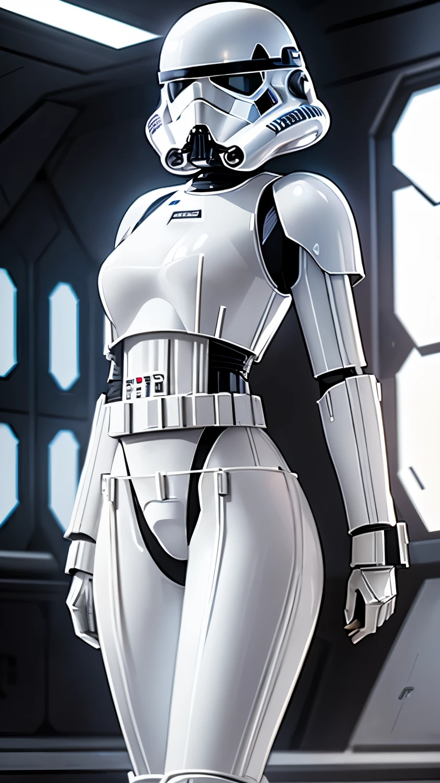 wearing shiny stormtrooper armor, a Star Wars imperial agent, cute face, wearing stormtrooper armor, imperial Star Wars style, storm trooper, stormtrooper, trooper, female stormtrooper, slender waist, medium breasts, wide hips, thigh gap, stormtroopers, Star Wars character