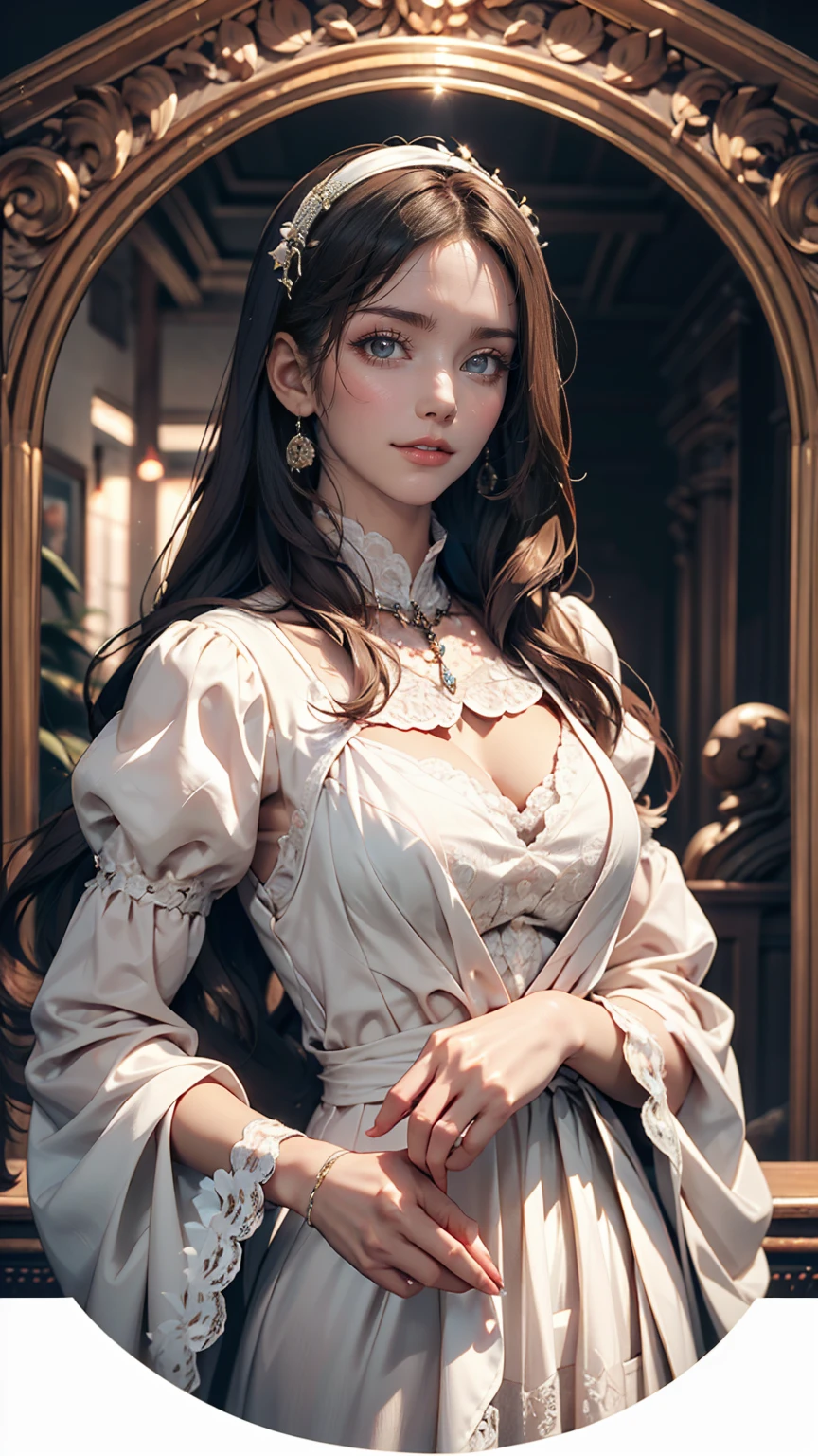 24-year-old female、Model-like proportions、My hips are constricted、slim、Wear a frilly blouse、cameo((cameo))apply、Wear a long skirt、Wear heels、レースでできたロンググローブapply、At the Opera House、Before the opera begins