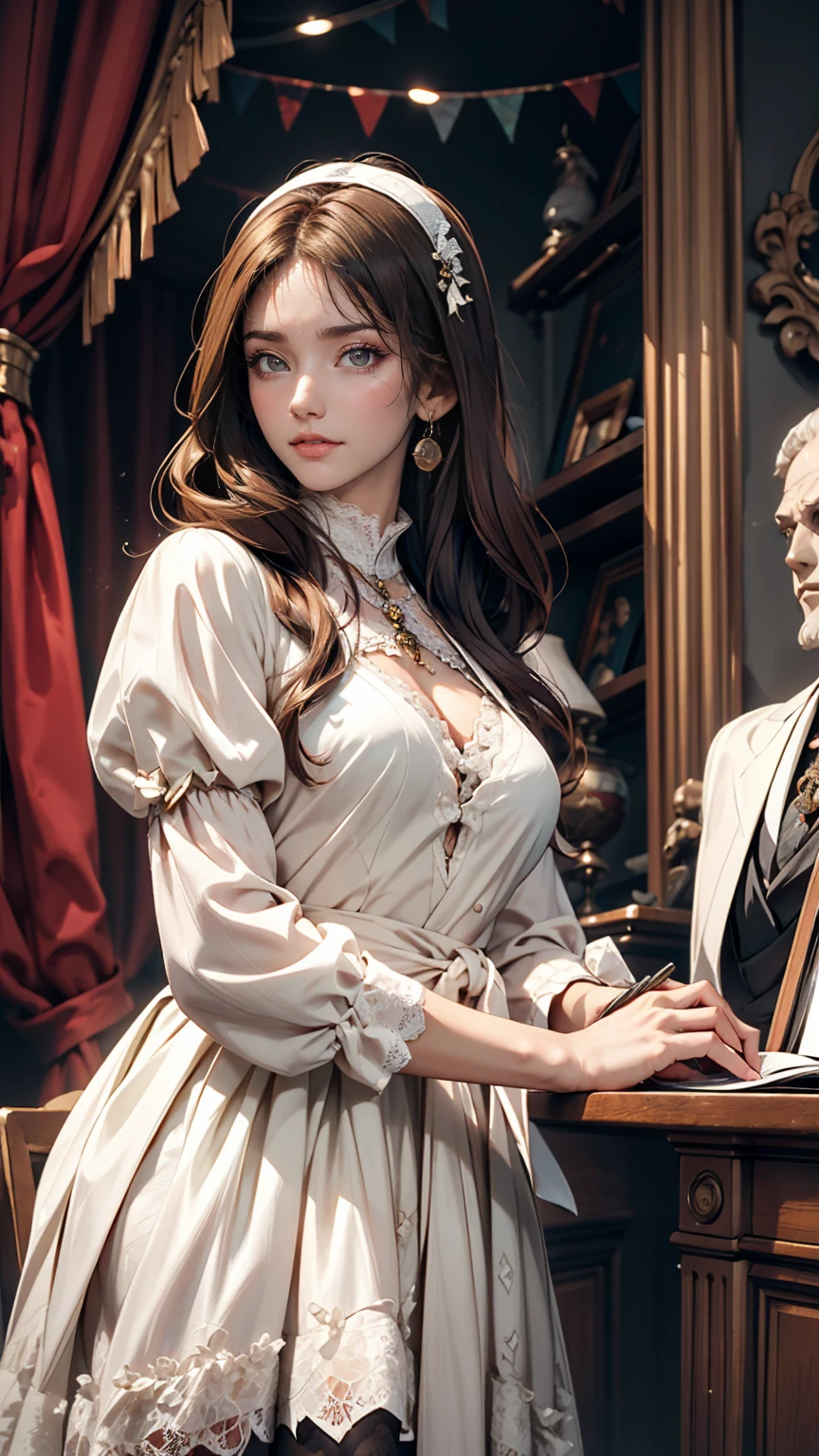 A girl in a white lace dress with Leonardo da Vinci's notes in the background、Image of À la Fed, A stunningly young and elegant person, Magical Girl Portrait, Portrait of a Young Witch girl, Girl in steampunk clothes, Musician girl in lace clothes, Natalia Dyer, Dafne Keen, Portrait of a Young Witch, Girl with magical powers, Inspired by Irakli Nadar, Inspired by William Mastester Lockhart, Highest quality, detailed, detailed, masterpiece, high resolution、24-year-old woman、Sexy proportions、Narrow waist、slender、Sexy