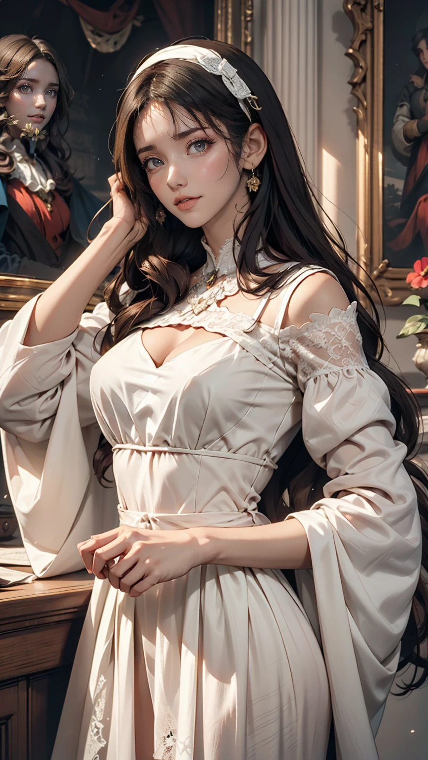 A girl in a white lace dress with Leonardo da Vinci's notes in the background、Image of À la Fed, A stunningly young and elegant person, Magical Girl Portrait, Portrait of a Young Witch girl, Girl in steampunk clothes, Musician girl in lace clothes, Natalia Dyer, Dafne Keen, Portrait of a Young Witch, Girl with magical powers, Inspired by Irakli Nadar, Inspired by William Mastester Lockhart, Highest quality, detailed, detailed, masterpiece, high resolution、24-year-old woman、Sexy proportions、Narrow waist、slender、Sexy