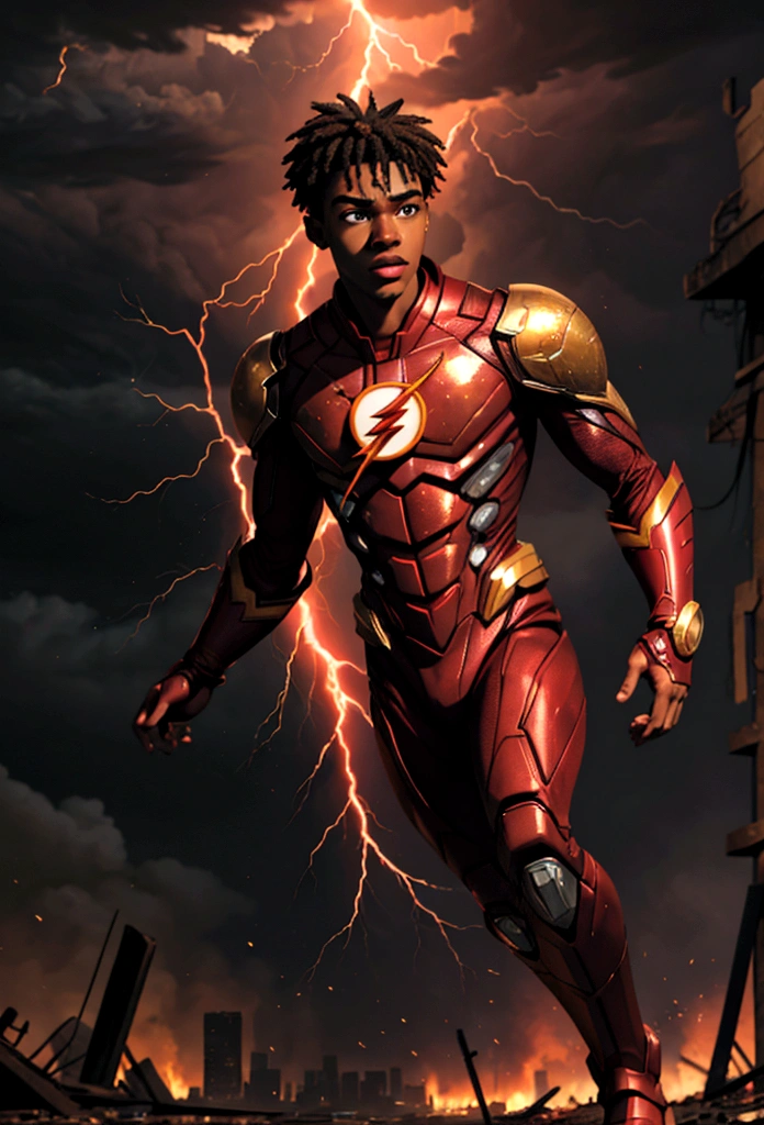 A realistic depiction of a 22-year-old African American Barry Allen, a.k.a. The Flash, running through an apocalyptic world, determined to save the universe from evil villains. Hyper-realistic, focusing on detailed textures and lifelike portrayal. Emphasis on the intensity and urgency of Barry's mission with dramatic lighting and atmospheric effects.A devastated urban landscape, the remnants of a once-great city now in ruins. Skyscrapers are partially collapsed, vehicles are abandoned and overturned, and fires rage unchecked. The sky is a tumultuous mix of dark storm clouds and lightning, casting an eerie glow over the scene.Barry Allen, captured in mid-run. His figure is sharply focused, showing every muscle and expression in vivid detail. His face shows determination and resolve, eyes set straight ahead as he races against time.A young African American man with short, tightly curled hair and an athletic build. He wears a meticulously detailed version of the Flash suit, designed with a realistic texture that suggests advanced materials and wear from previous battles. The suit is primarily red with gold accents, slightly battle-worn, but still functional.Arcs of lightning in shades of red and gold trail behind Barry, illustrating the immense speed and power he commands. The ground beneath him cracks and sparks as he runs, emphasizing the force of his movement.In the background, vague shapes of menacing villains loom, shrouded in smoke and shadows. Their presence adds a palpable sense of danger and urgency. Other elements of chaos, like flying debris and shattered glass, further enhance the apocalyptic feel.The scene is charged with tension and energy, a world on the brink of collapse but with a glimmer of hope embodied by Barry.The contrast between the dark, ruined environment and the bright, electrifying presence of Barry underscores his role as a beacon of hope.