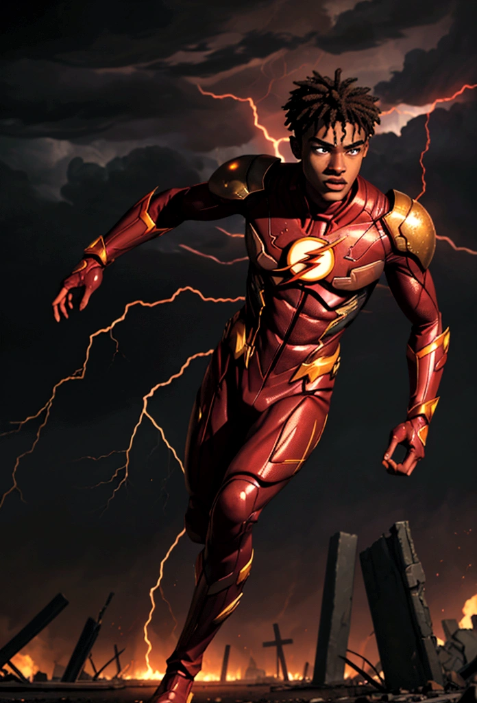 A realistic depiction of a 22-year-old African American Barry Allen, a.k.a. The Flash, running through an apocalyptic world, determined to save the universe from evil villains. Hyper-realistic, focusing on detailed textures and lifelike portrayal. Emphasis on the intensity and urgency of Barry's mission with dramatic lighting and atmospheric effects.A devastated urban landscape, the remnants of a once-great city now in ruins. Skyscrapers are partially collapsed, vehicles are abandoned and overturned, and fires rage unchecked. The sky is a tumultuous mix of dark storm clouds and lightning, casting an eerie glow over the scene.Barry Allen, captured in mid-run. His figure is sharply focused, showing every muscle and expression in vivid detail. His face shows determination and resolve, eyes set straight ahead as he races against time.A young African American man with short, tightly curled hair and an athletic build. He wears a meticulously detailed version of the Flash suit, designed with a realistic texture that suggests advanced materials and wear from previous battles. The suit is primarily red with gold accents, slightly battle-worn, but still functional.Arcs of lightning in shades of red and gold trail behind Barry, illustrating the immense speed and power he commands. The ground beneath him cracks and sparks as he runs, emphasizing the force of his movement.In the background, vague shapes of menacing villains loom, shrouded in smoke and shadows. Their presence adds a palpable sense of danger and urgency. Other elements of chaos, like flying debris and shattered glass, further enhance the apocalyptic feel.The scene is charged with tension and energy, a world on the brink of collapse but with a glimmer of hope embodied by Barry.The contrast between the dark, ruined environment and the bright, electrifying presence of Barry underscores his role as a beacon of hope.