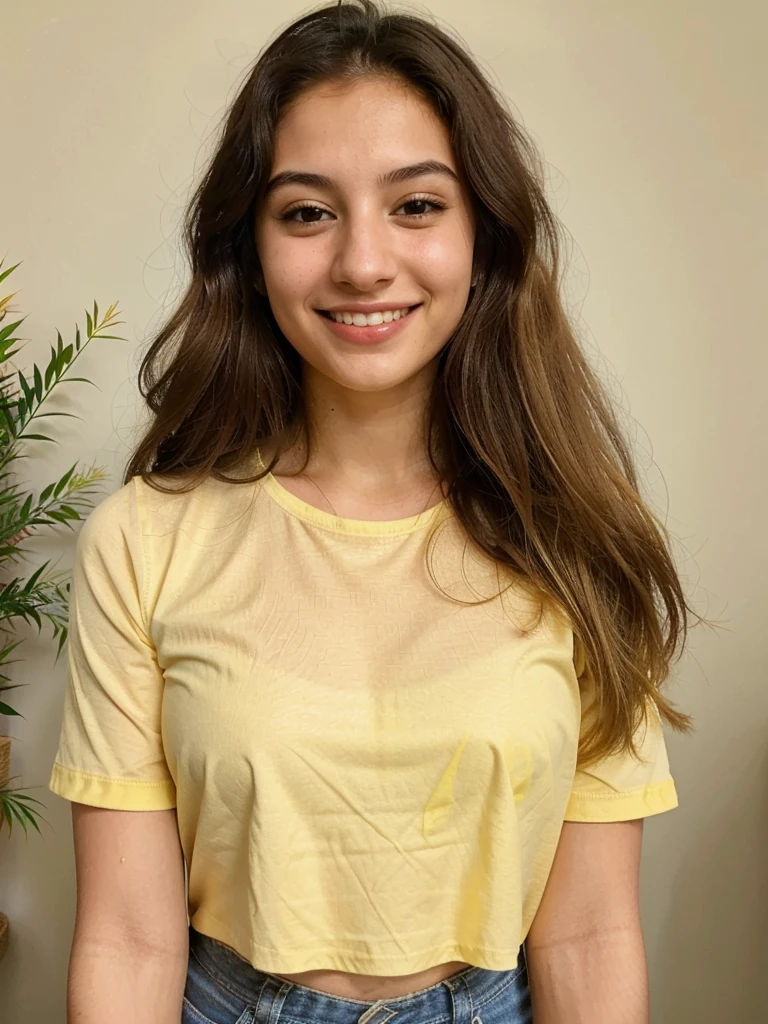 20YO, small nose, one women,attractive, Jordanian, Arab, Bright Yellow shirt, cute smile, cute face, white teethes, skinny face, light brown eyes, black/blonde long hair